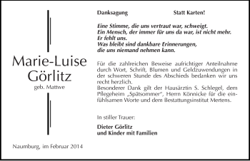 Traueranzeige von Marie-Luise Görlitz von Mitteldeutsche Zeitung Naumburg/Nebra