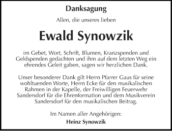 Traueranzeige von Ewald Synowzik von Mitteldeutsche Zeitung Bitterfeld