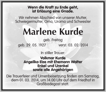 Traueranzeige von Marlene Kurde von Mitteldeutsche Zeitung Köthen