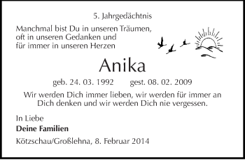 Traueranzeige von Anika  von Mitteldeutsche Zeitung Merseburg/Querfurt