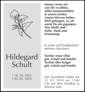 Traueranzeige von Hildegard Schult von Mitteldeutsche Zeitung Bitterfeld