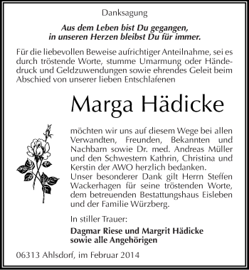 Traueranzeige von Marga Hädicke von Mitteldeutsche Zeitung Mansfelder Land