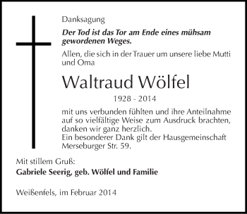 Traueranzeige von Waltraud Wölfel von Mitteldeutsche Zeitung Weißenfels