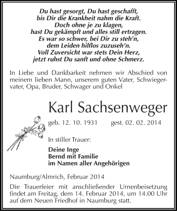 Traueranzeige von Karl Sachsenweger von Mitteldeutsche Zeitung Naumburg/Nebra