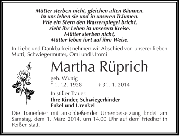 Traueranzeige von Martha Rüprich von Mitteldeutsche Zeitung Halle/Saalkreis