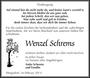 Traueranzeige von Wenzel Schrems von Mitteldeutsche Zeitung Mansfelder Land