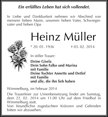Traueranzeige von Heinz Müller von Mitteldeutsche Zeitung Mansfelder Land