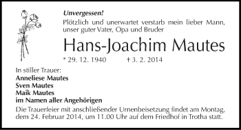 Traueranzeige von Hans-Joachim Mautes von Mitteldeutsche Zeitung Halle/Saalkreis