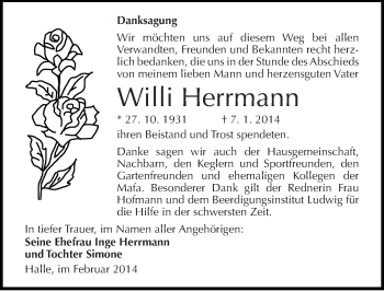 Traueranzeige von Willi Herrmann von Mitteldeutsche Zeitung Halle/Saalkreis