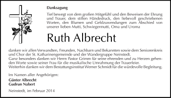 Traueranzeige von Ruth Albrecht von Mitteldeutsche Zeitung Quedlinburg