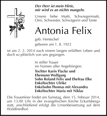 Traueranzeige von Antonia Felix von Mitteldeutsche Zeitung Naumburg/Nebra
