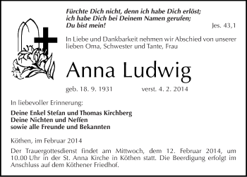 Traueranzeige von Anna Ludwig von Mitteldeutsche Zeitung Köthen