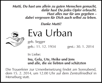 Traueranzeige von Eva Urban von Mitteldeutsche Zeitung Weißenfels