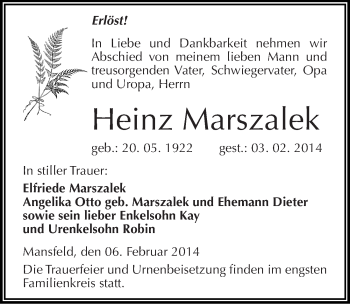 Traueranzeige von Heinz Marszalek von Mitteldeutsche Zeitung Mansfelder Land