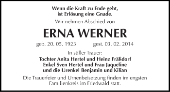 Traueranzeige von Erna Werner von Mitteldeutsche Zeitung Dessau-Roßlau
