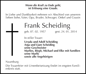 Traueranzeige von Frank Scheiding von Mitteldeutsche Zeitung Naumburg/Nebra