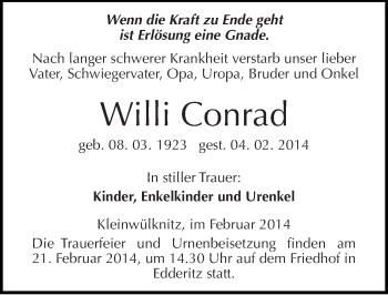 Traueranzeige von Willi Conrad von Mitteldeutsche Zeitung Köthen