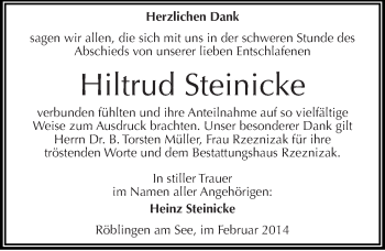 Traueranzeige von Hiltrud Steinicke von Mitteldeutsche Zeitung Mansfelder Land