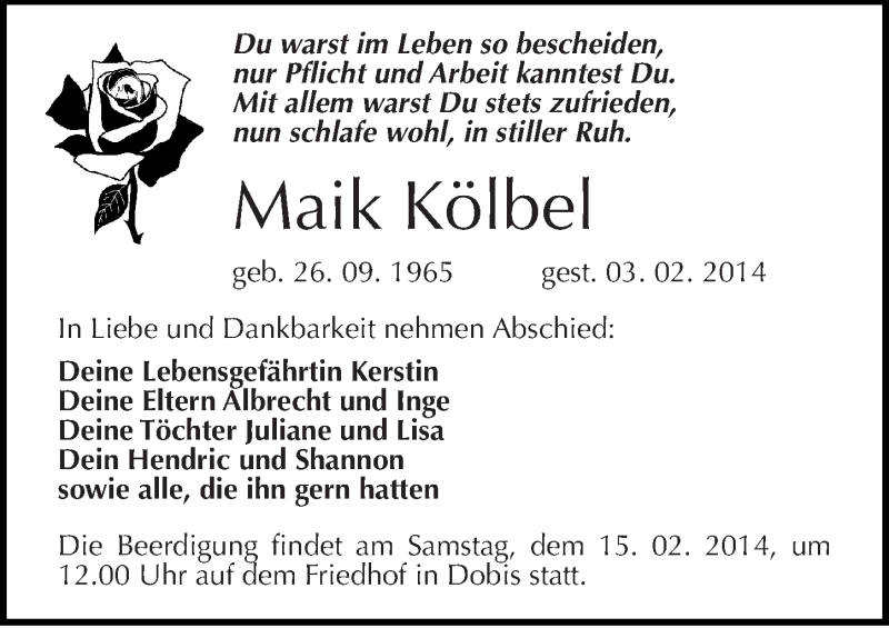  Traueranzeige für Maik Kölbel vom 08.02.2014 aus Mitteldeutsche Zeitung Halle/Saalkreis