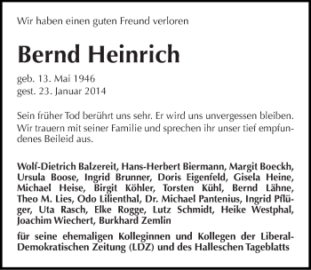 Traueranzeige von Bernd Heinrich von Mitteldeutsche Zeitung Halle/Saalkreis