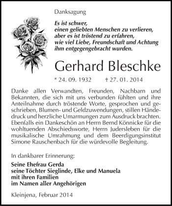 Traueranzeige von Gerhard Bleschke von Mitteldeutsche Zeitung Naumburg/Nebra