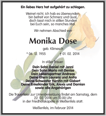 Traueranzeige von Monika Dose von Mitteldeutsche Zeitung Weißenfels