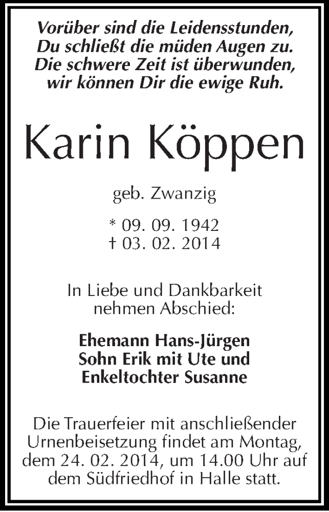  Traueranzeige für Karin Köppen vom 08.02.2014 aus Mitteldeutsche Zeitung Halle/Saalkreis