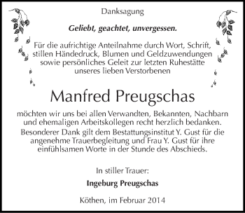 Traueranzeige von Manfred Preugschas von Mitteldeutsche Zeitung Köthen