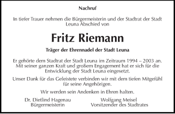 Traueranzeige von Fritz Riemann von Mitteldeutsche Zeitung Merseburg/Querfurt
