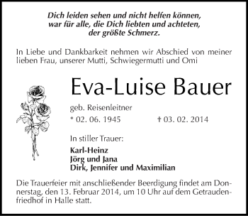 Traueranzeige von Eva-Luise Bauer von Mitteldeutsche Zeitung Halle/Saalkreis