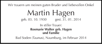 Traueranzeige von Martin Hagen von Mitteldeutsche Zeitung Naumburg/Nebra