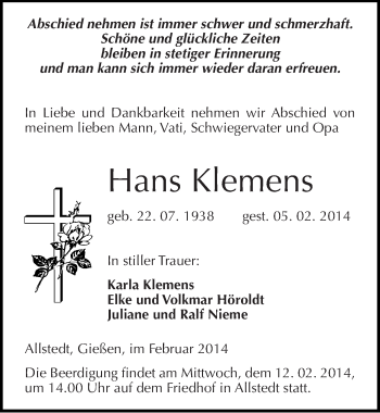 Traueranzeige von Hans Klemens von Mitteldeutsche Zeitung Sangerhausen
