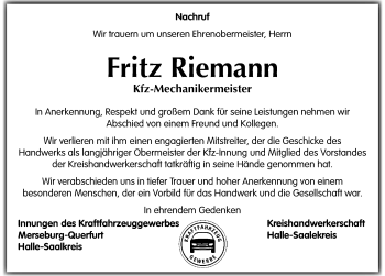 Traueranzeige von Fritz Riemann von Mitteldeutsche Zeitung Halle/Saalkreis