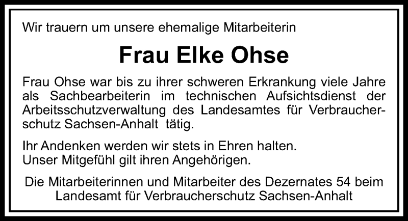  Traueranzeige für Elke Ohse vom 08.02.2014 aus Mitteldeutsche Zeitung