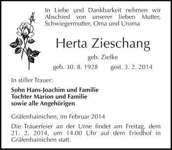 Traueranzeige von Herta Zieschang von Mitteldeutsche Zeitung Wittenberg