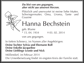 Traueranzeige von Hanna Bechstein von Mitteldeutsche Zeitung Mansfelder Land