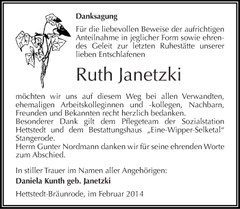 Traueranzeige von Ruth Janetzki von Mitteldeutsche Zeitung Mansfelder Land