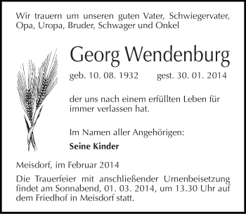Traueranzeige von Georg Wendenburg von Mitteldeutsche Zeitung Quedlinburg