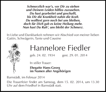 Traueranzeige von Hannelore Fiedler von Mitteldeutsche Zeitung Merseburg/Querfurt