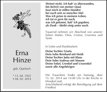 Traueranzeige von Erna Hinze von Mitteldeutsche Zeitung Köthen
