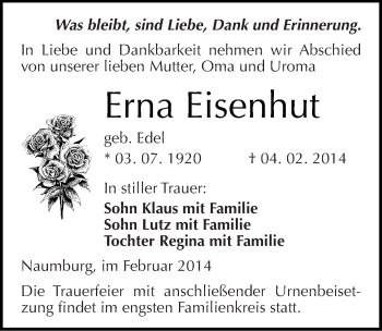 Traueranzeige von Erna Eisenhut von Mitteldeutsche Zeitung Naumburg/Nebra