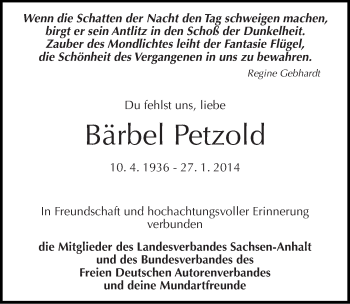 Traueranzeige von Bärbel Petzold von Mitteldeutsche Zeitung Dessau-Roßlau
