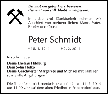 Traueranzeige von Peter Schmidt von Mitteldeutsche Zeitung Bitterfeld