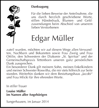 Traueranzeige von Edgar Müller von Mitteldeutsche Zeitung Sangerhausen