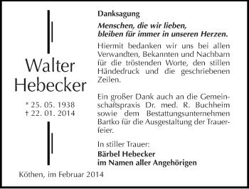 Traueranzeige von Walter Hebecker von Mitteldeutsche Zeitung Köthen