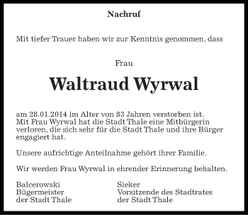 Traueranzeige von Waltraud Wyrwal von Mitteldeutsche Zeitung Quedlinburg