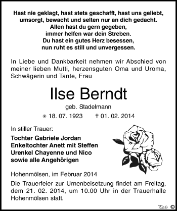 Traueranzeige von Ilse Berndt von Mitteldeutsche Zeitung Weißenfels