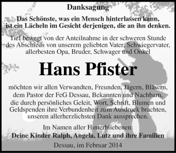 Traueranzeige von Hans Pfister von Mitteldeutsche Zeitung Dessau-Roßlau