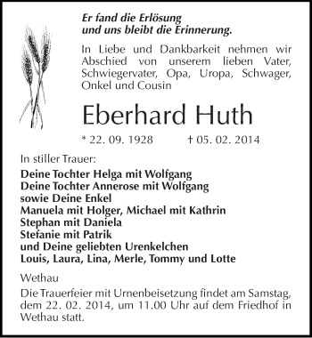 Traueranzeige von Eberhard Huth von Mitteldeutsche Zeitung Naumburg/Nebra
