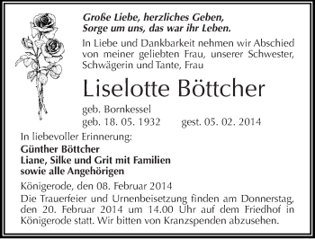Traueranzeige von Liselotte Böttcher von Mitteldeutsche Zeitung Quedlinburg